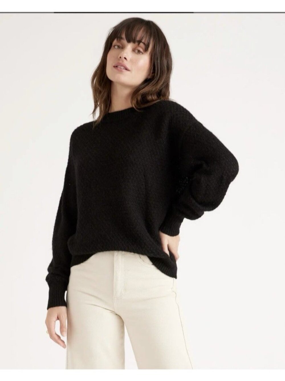 Quince Baby Alpaca Wool Diamond Stitch Crew Neck Sweater  Black Size S